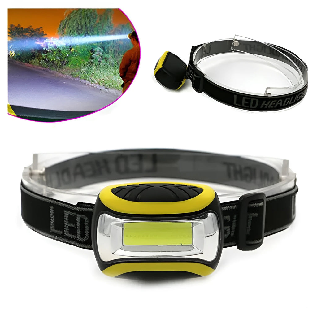 Yellow plastic headlamp with COB LED light and adjustable elastic head strap.