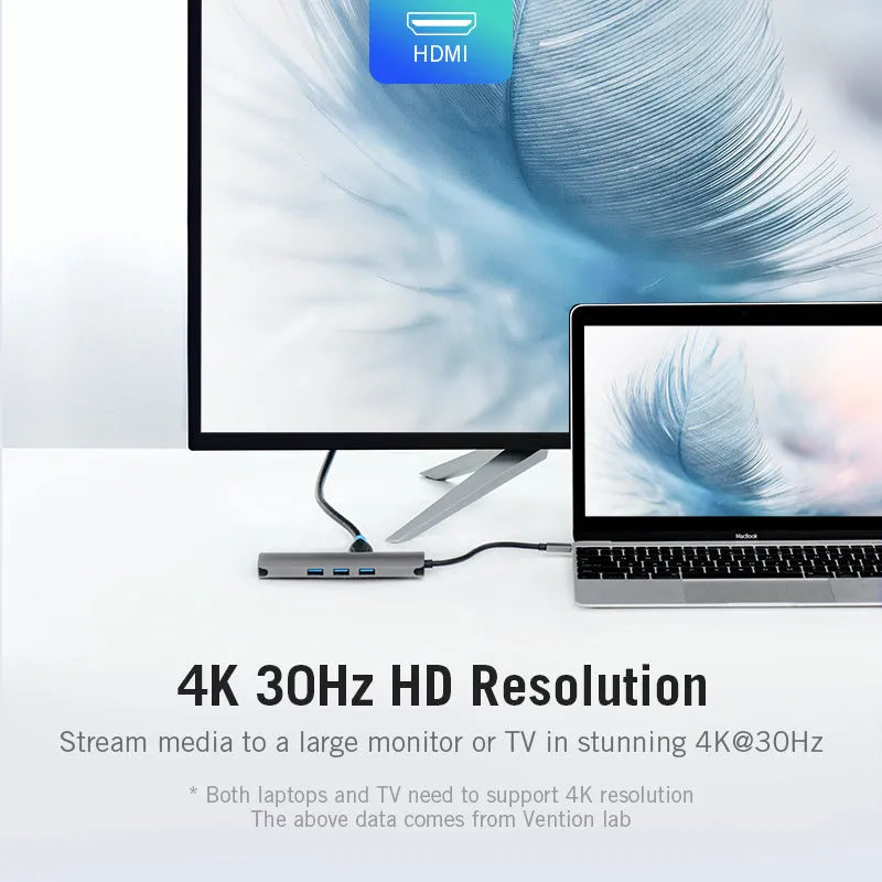 Deep grey aluminium USB Type-C hub showing HDMI, USB, Ethernet, and card reader ports.