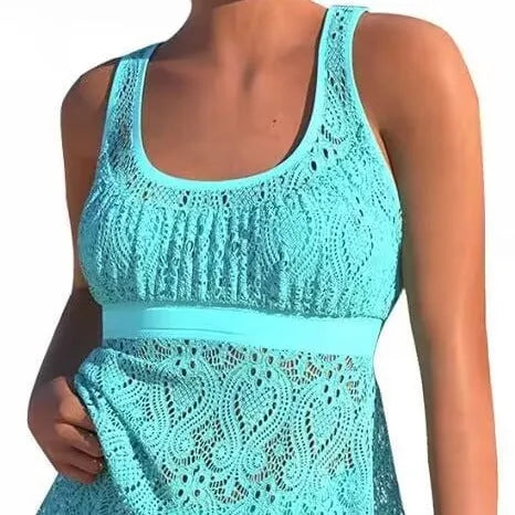 Women's solid colour conservative swimwear two-piece set with high neck and hollow split design.