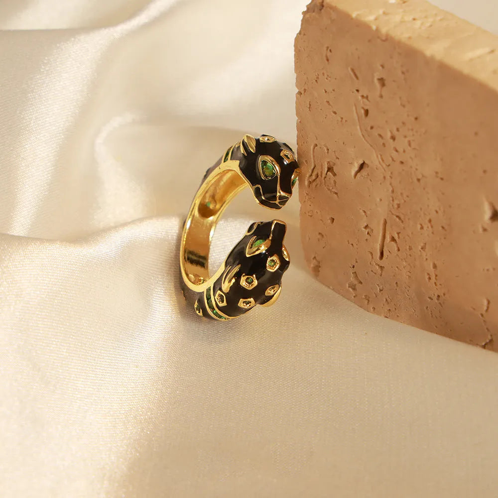 Women's geometric open ring with black cheetah drip pattern on copper, size no.7