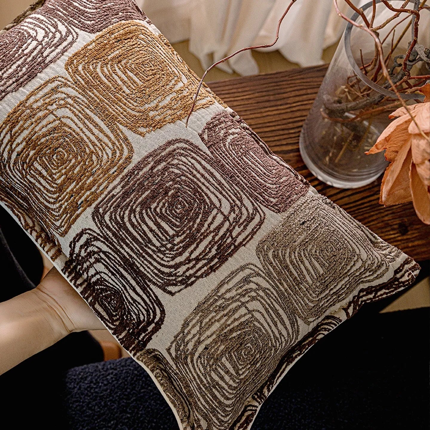 Square and waist pillow covers with cream and coffee abstract coil pattern
