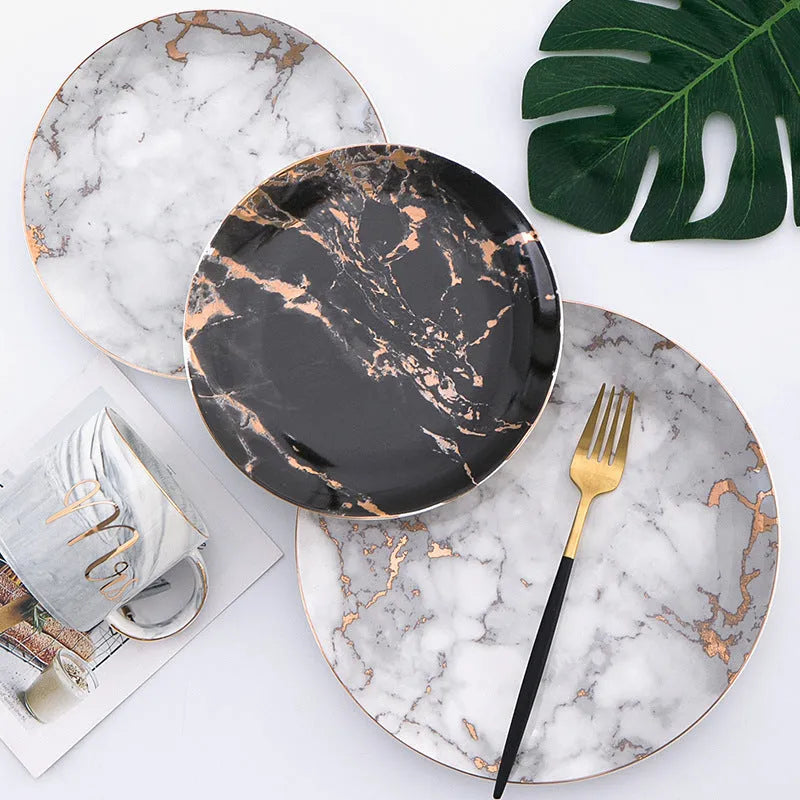 Ceramic Western steak plate with gold rim, 10-inch black option on a wooden table
