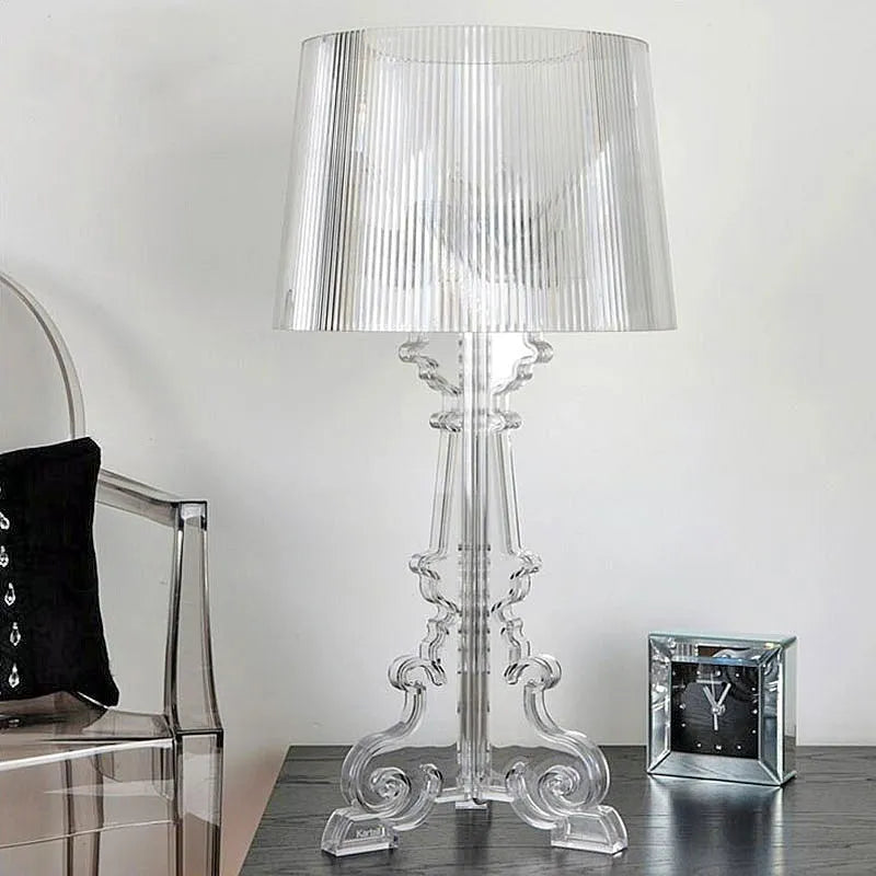 Small acrylic desk lamp with Nordic design, measuring 240x480mm, in white finish on a wooden table