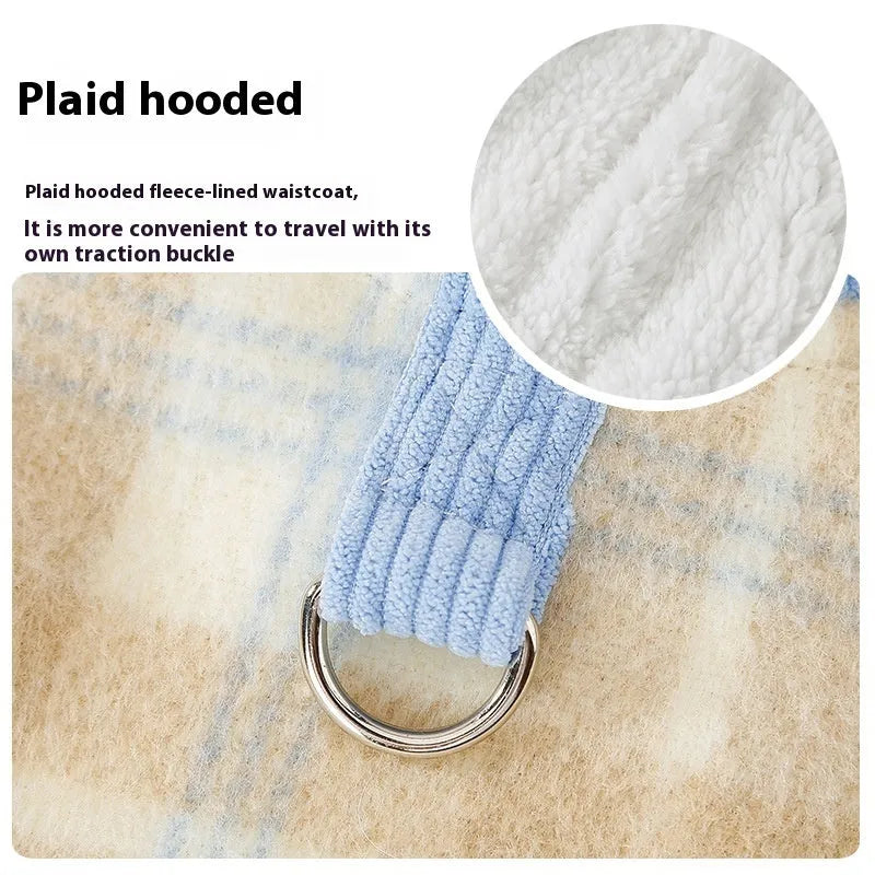 Blue corduroy chessboard grid hooded vest for small dog with traction hood design