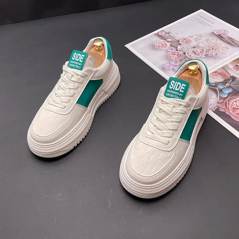 Unisex sports casual shoes in white with black or green accents, cloth upper with rubber foam sole