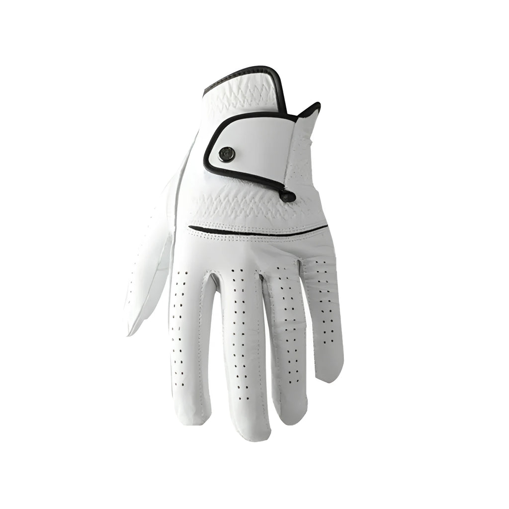 White half sheepskin men's golf glove laid flat, showing non-slip palm.