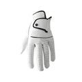 White half sheepskin men's golf glove laid flat, showing non-slip palm.