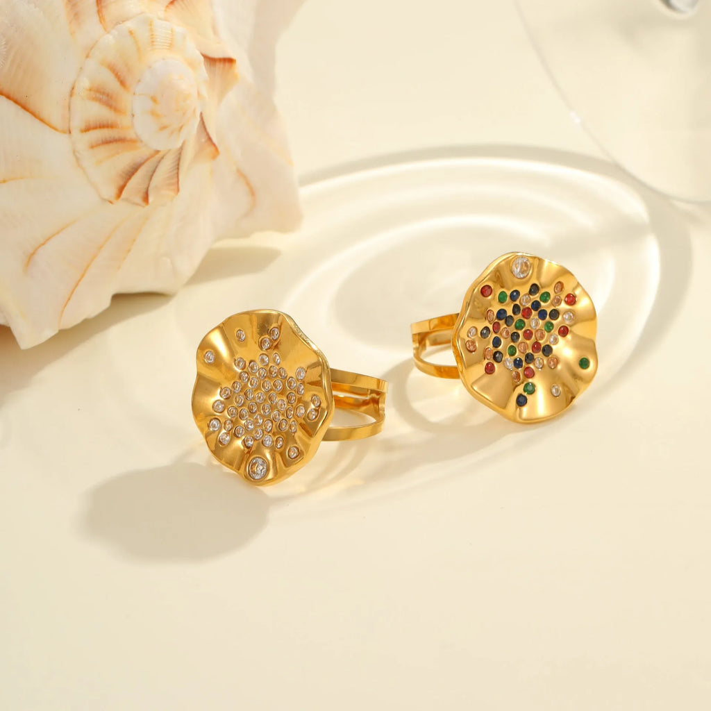 Open mouth geometry ring with colourful crystal inlays and electroplated titanium steel finish
