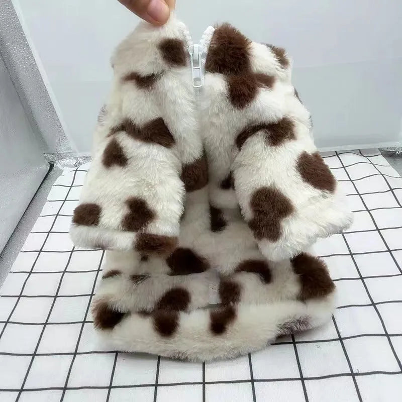 Pink and brown plush polyester warm coat for small dog on size chart showing XS S M L XL 2XL