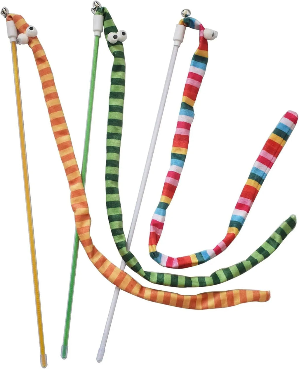 Cat wand toy with polycarbonate pole and long plush strip in green, orange, or rainbow