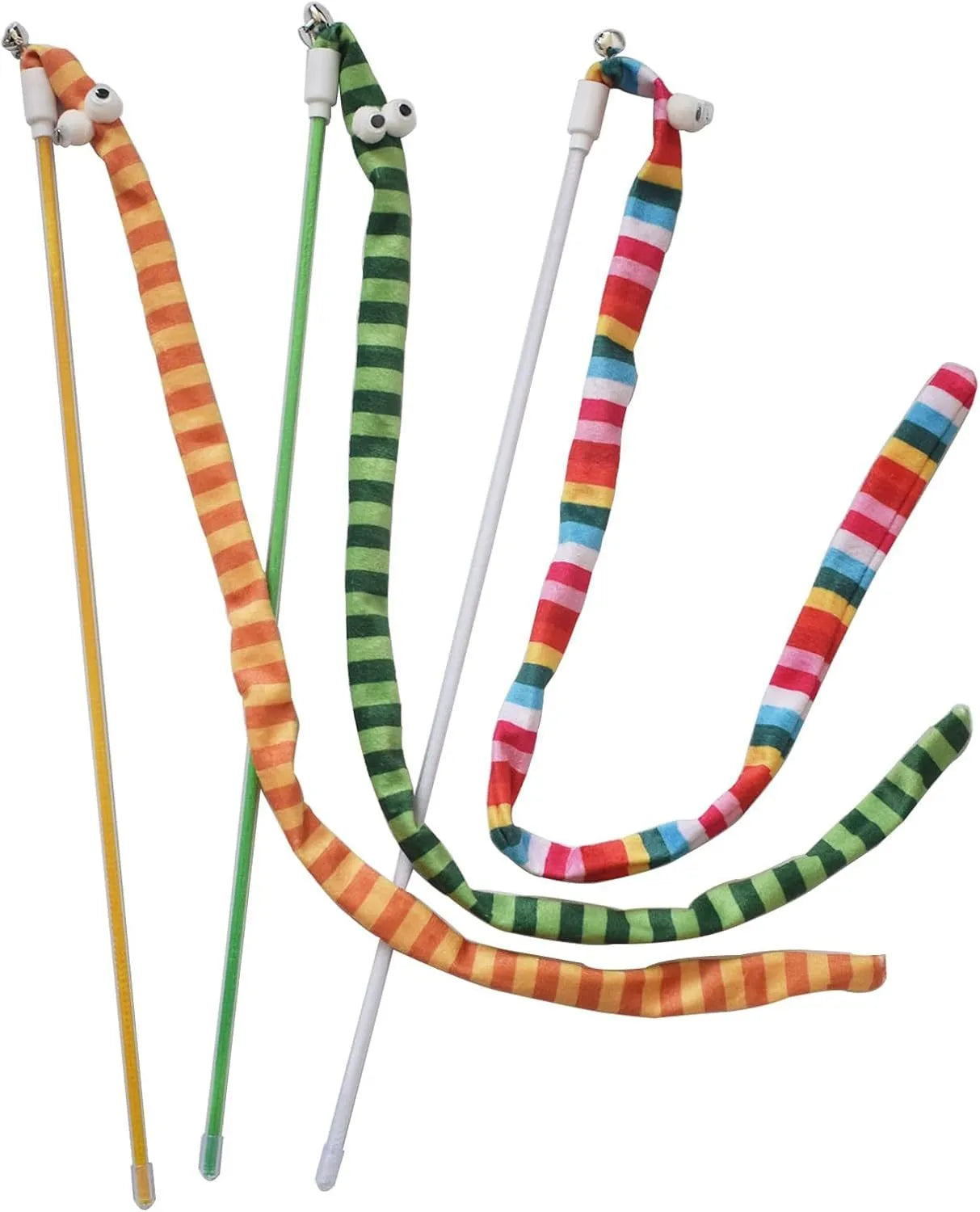 Cat wand toy with polycarbonate pole and long plush strip in green, orange, or rainbow
