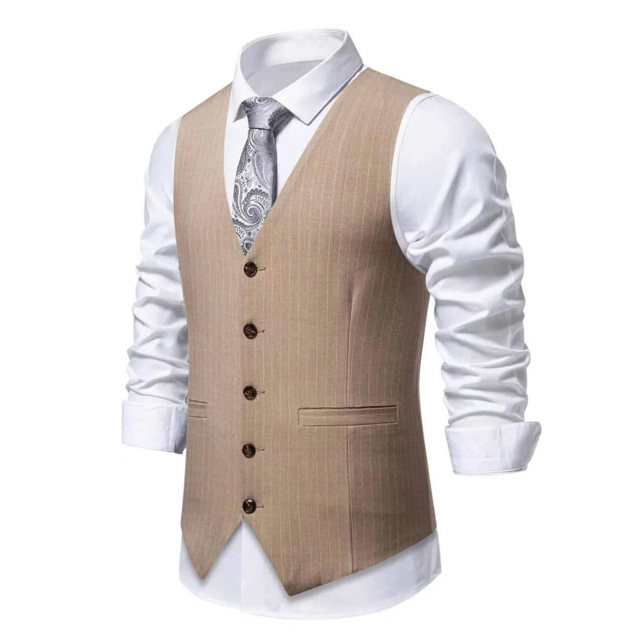 Man wearing a striped suit vest with embedded line pockets and a miter bottom hem.