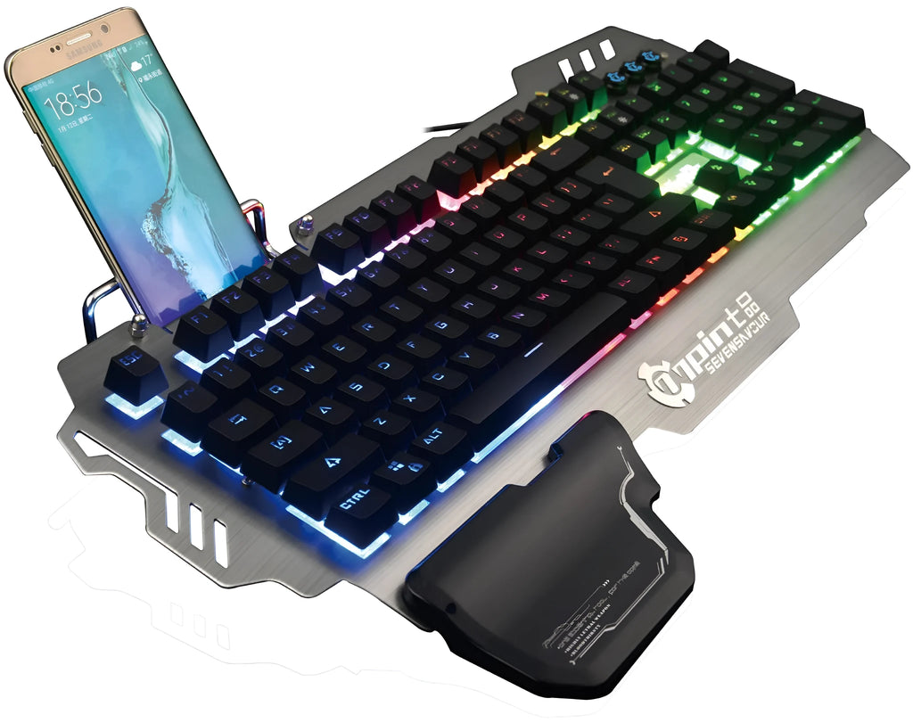 Silver grey wired mechanical gaming keyboard with aluminium frame and mixed LED backlighting
