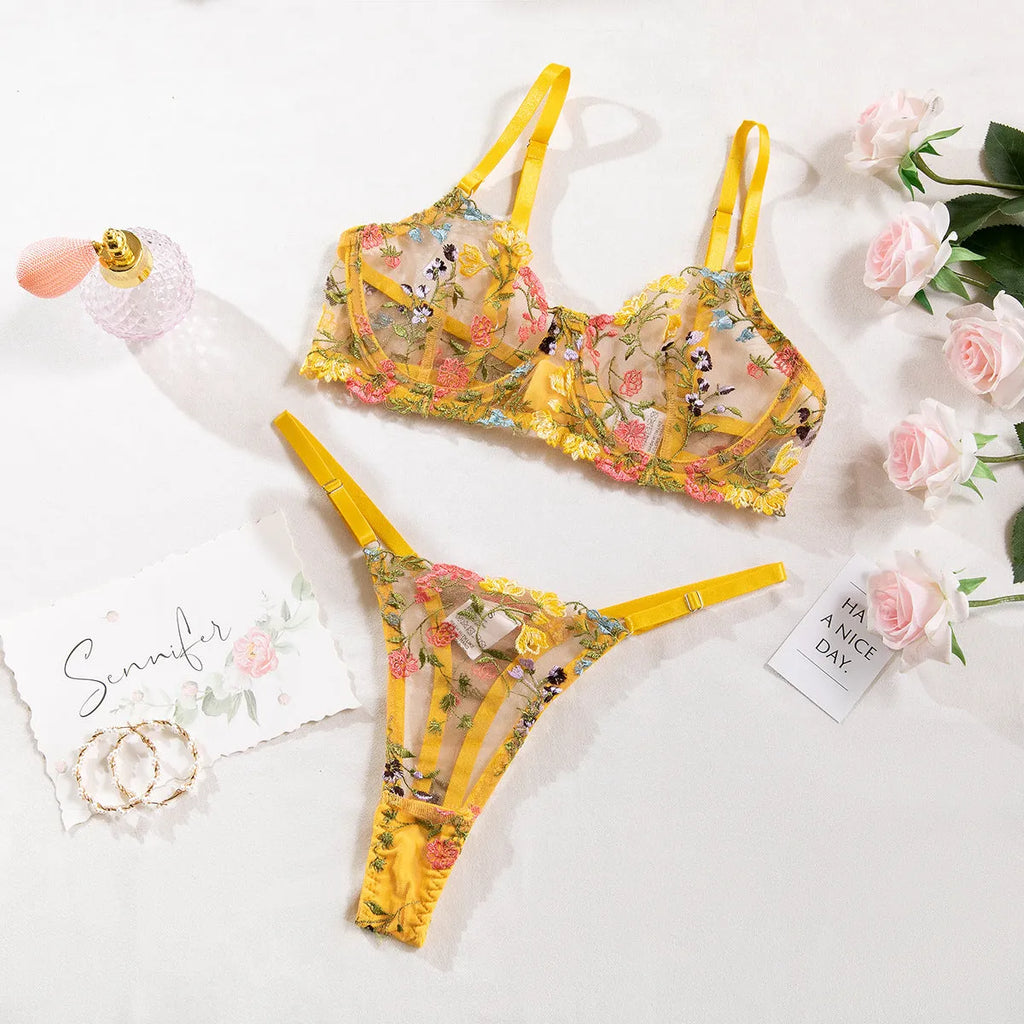 Floral pattern mesh bra with steel ring T-back and matching underwear in skin colour