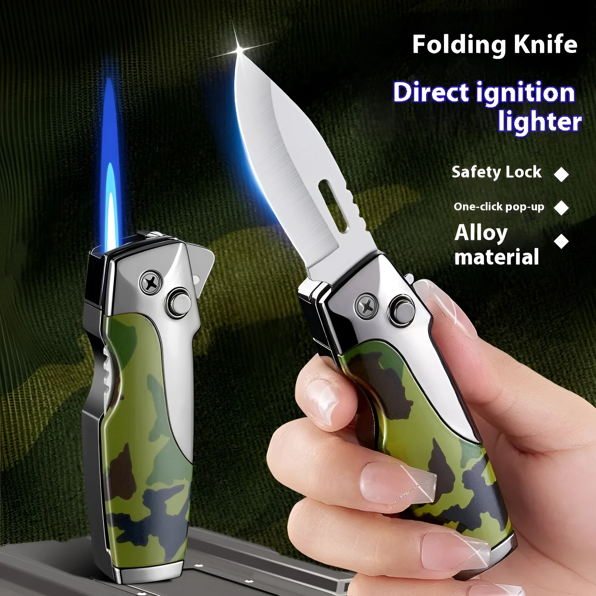 Metal folding lighter with straight jet flame and folding knife in various colour finishes
