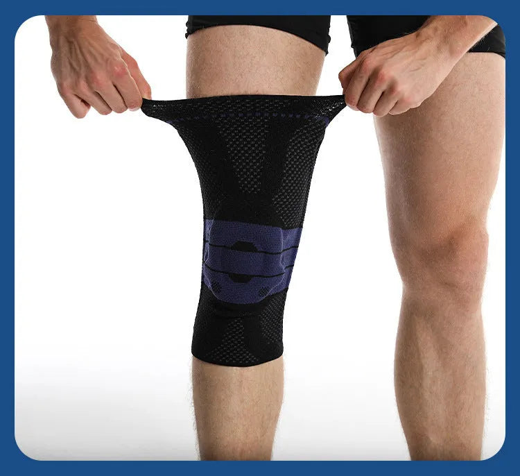Adult sports kneepad in nylon and spandex for basketball running protection, showing black and blue colour option
