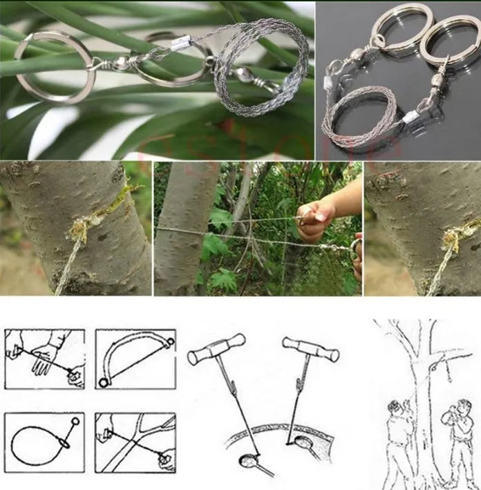 Stainless steel survival wire saw with pull rings, 55cm blade for outdoor wood cutting.