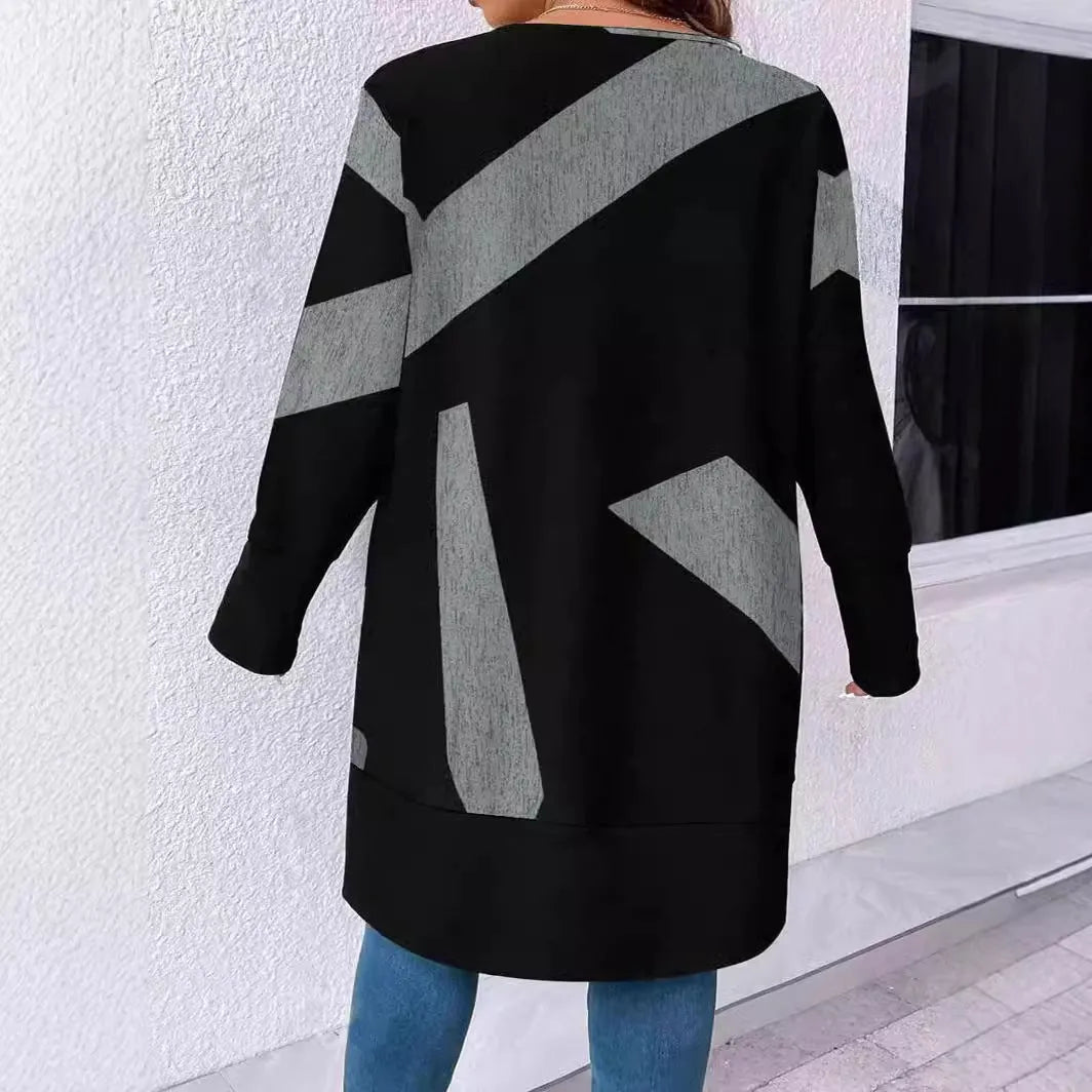 Black loose plus size knit cardigan coat with button front and printing detail.