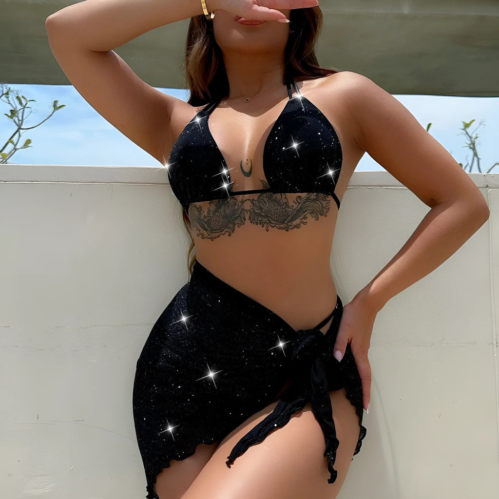 Black polyester three-piece bikini swimsuit set with separate top and shorts