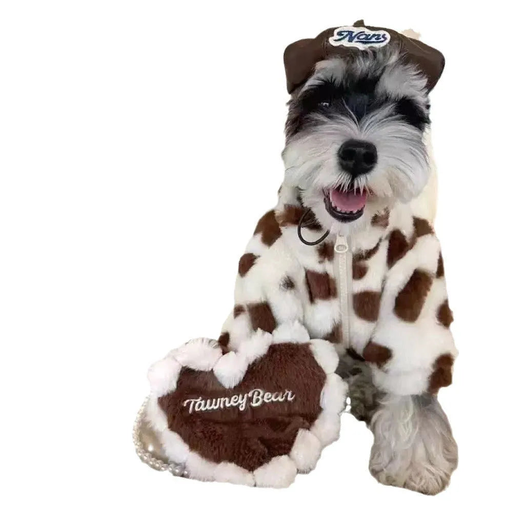 Pink and brown plush polyester warm coat for small dog on size chart showing XS S M L XL 2XL