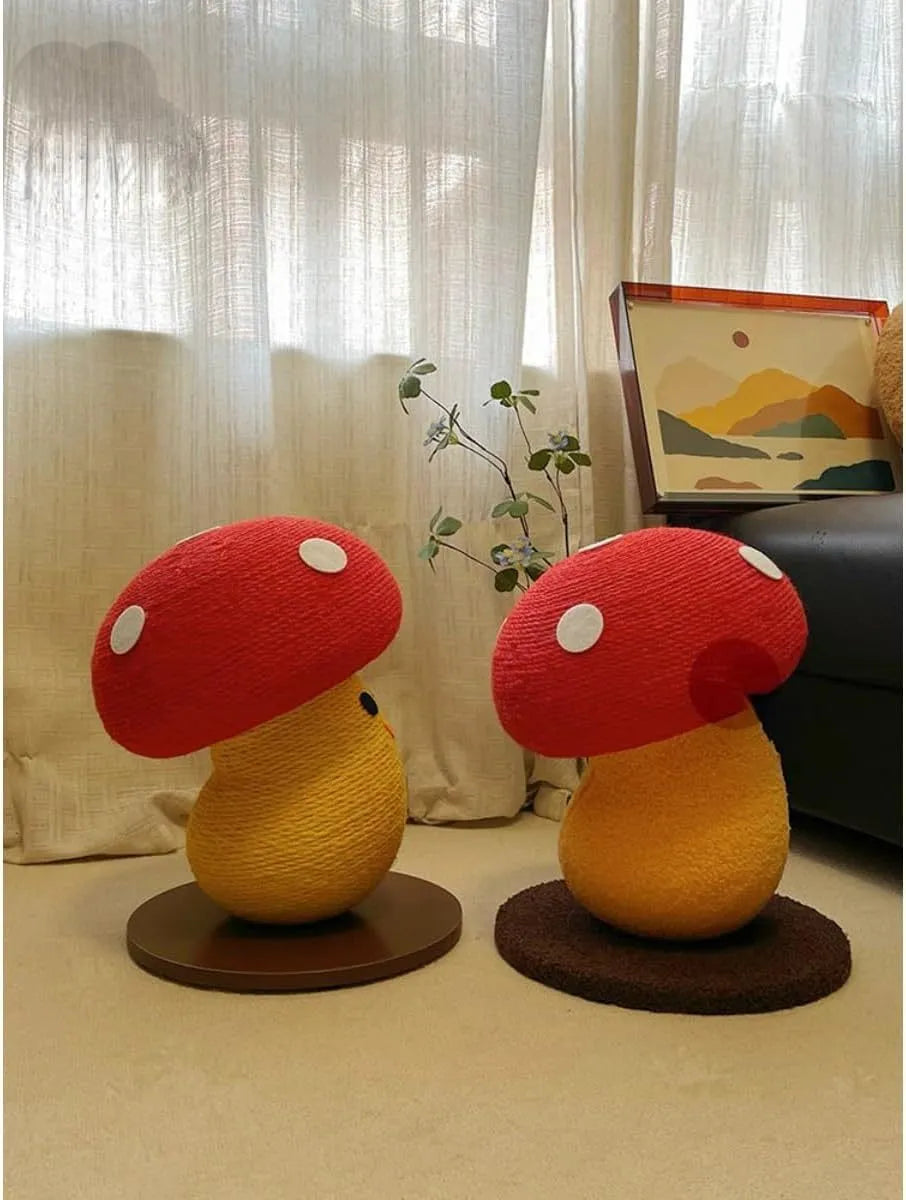 Mushroom-shaped foldable cardboard cat scratcher with accordion design on a carpet.