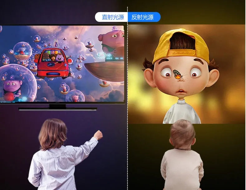 YG220 portable LED projector in white or yellow colour on a table projecting a movie scene.