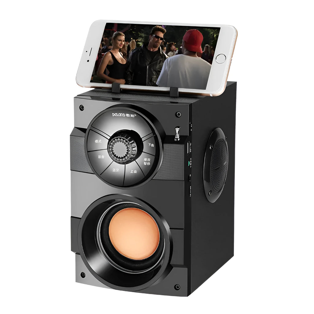 Black portable mini home audio system with subwoofer, connection cable, and charging accessories