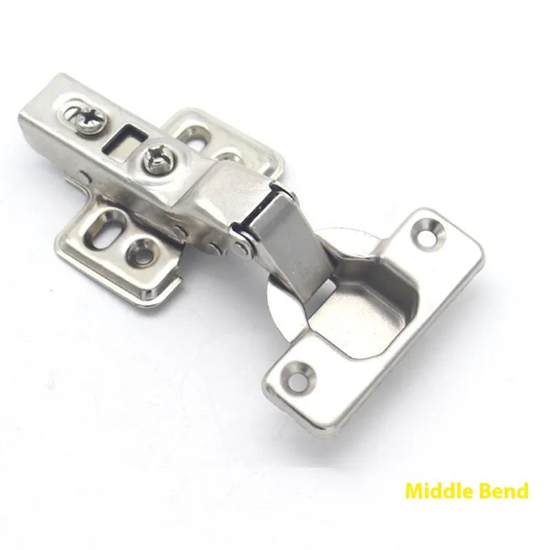 Nickel-plated hydraulic damping cabinet hinge showing the three bend types: straight, middle, and large.