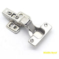 Nickel-plated hydraulic damping cabinet hinge showing the three bend types: straight, middle, and large.
