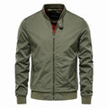 Men's solid colour thin casual jacket in polyester, shown in dark blue, black, and army green.