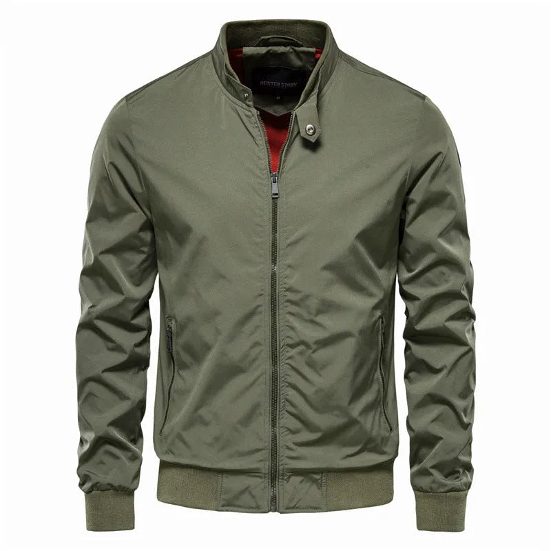 Men's solid colour thin casual jacket in polyester, shown in dark blue, black, and army green.