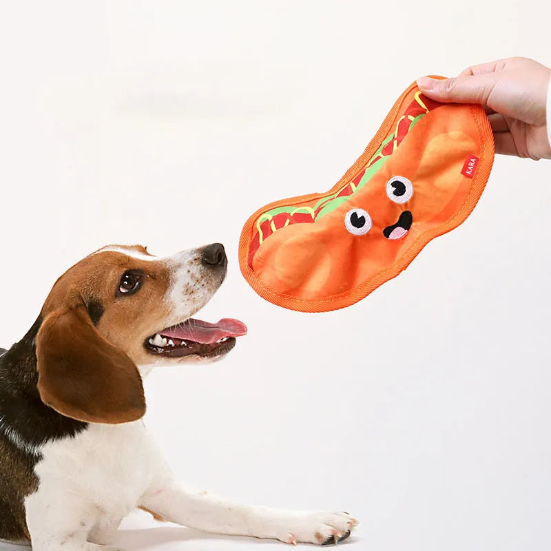 Food-themed crinkle squeaky dog toys in burger, fries, hot dog, and pizza designs for interactive play