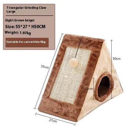 Grey and white triangular cat nest bed with a sisal scratching side for cats.