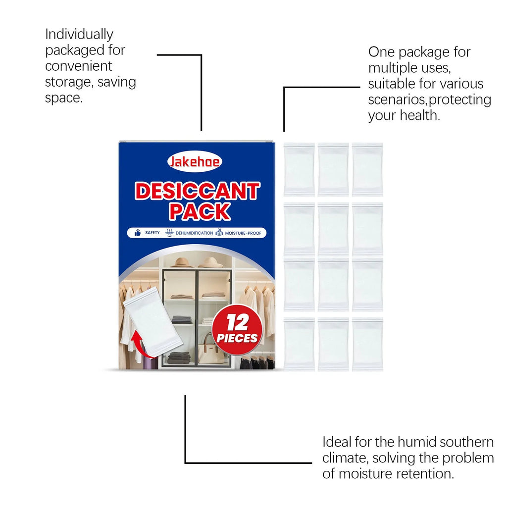 Pack of twelve reusable household desiccant moisture absorber units with hanging bags
