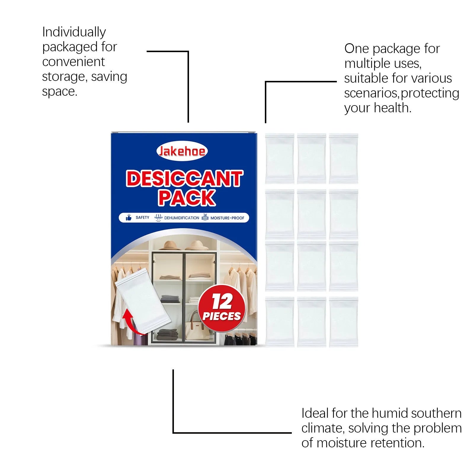 Pack of twelve reusable household desiccant moisture absorber units with hanging bags