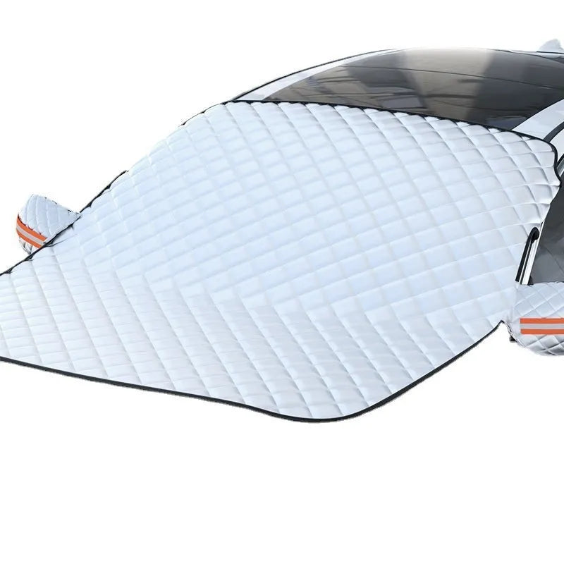 Large luxury aluminium foil winter car cover for SUVs with five black magnetic fasteners and silver reflective edge stripes.
