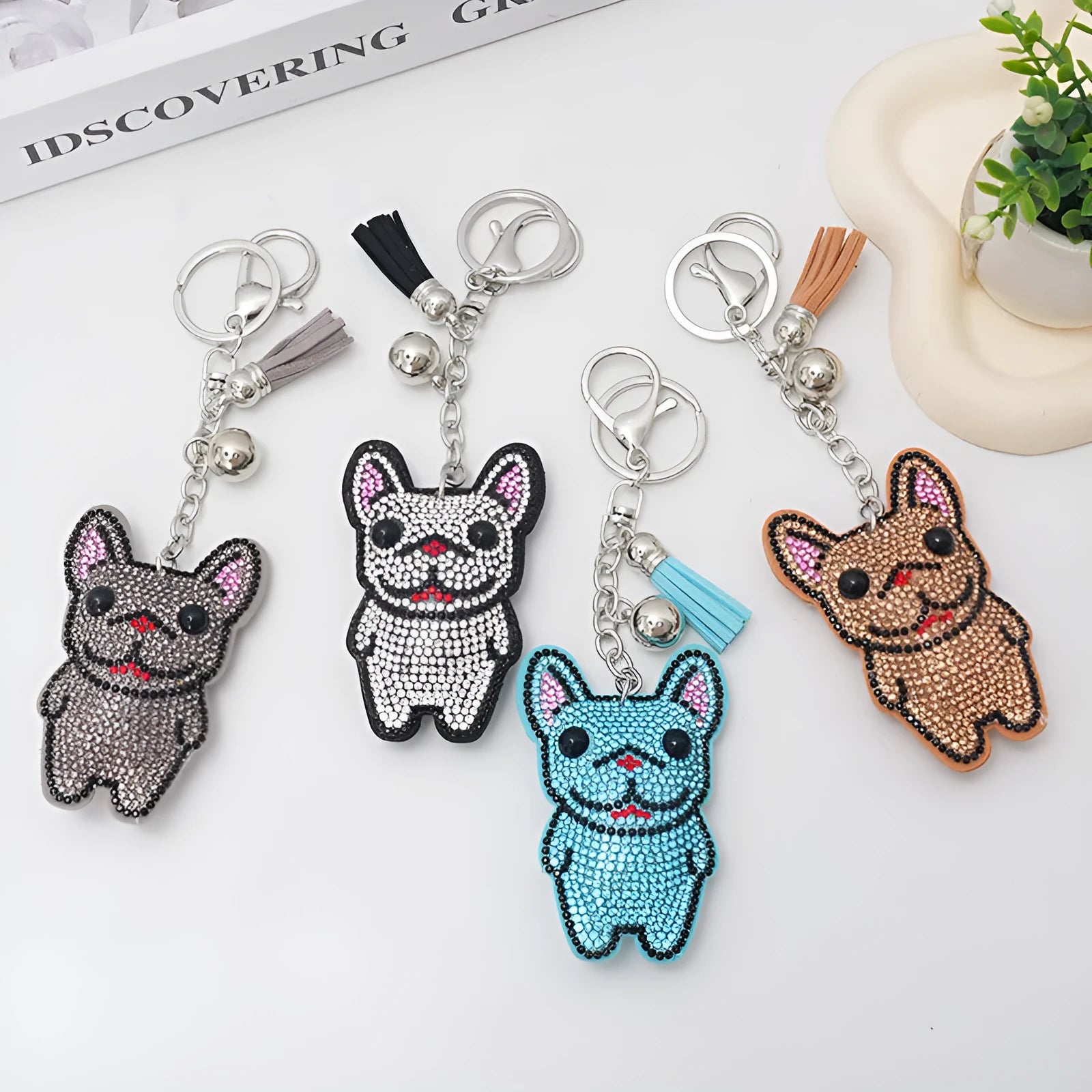 Rhinestone dog bear pig cartoon animal alloy keychain in caramel, grey, lake blue or white colours, 5-7 cm.