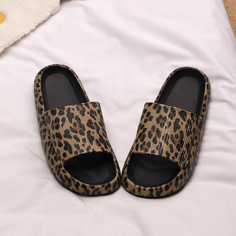 Women's leopard print EVA slippers with thick sole showing multiple colour pattern options