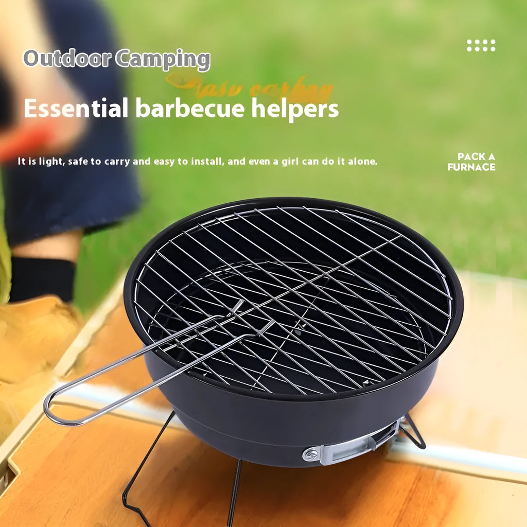 Small round folding ice stove barbecue grill with mesh, leg, and components for 1-2 people