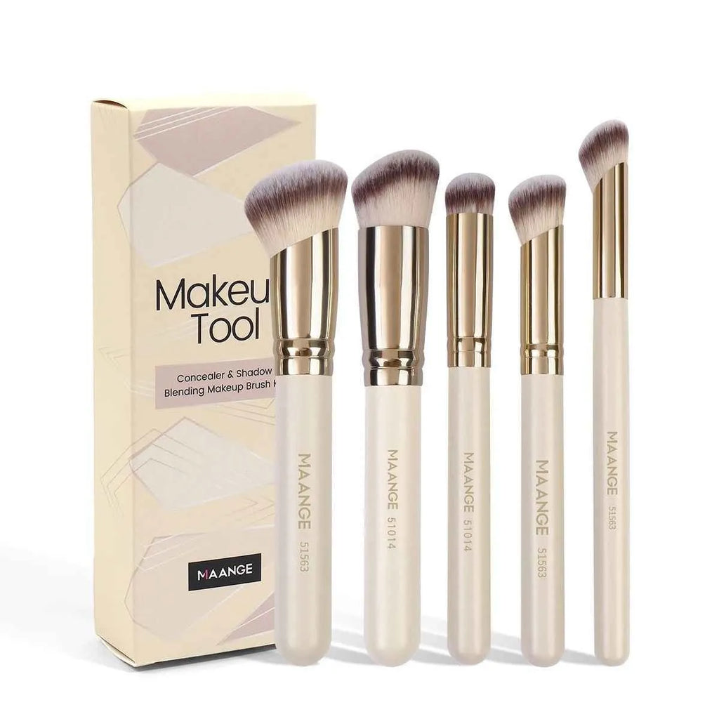 MAANGE five-piece angled blush brush set with apricot handles for powder and cream makeup application