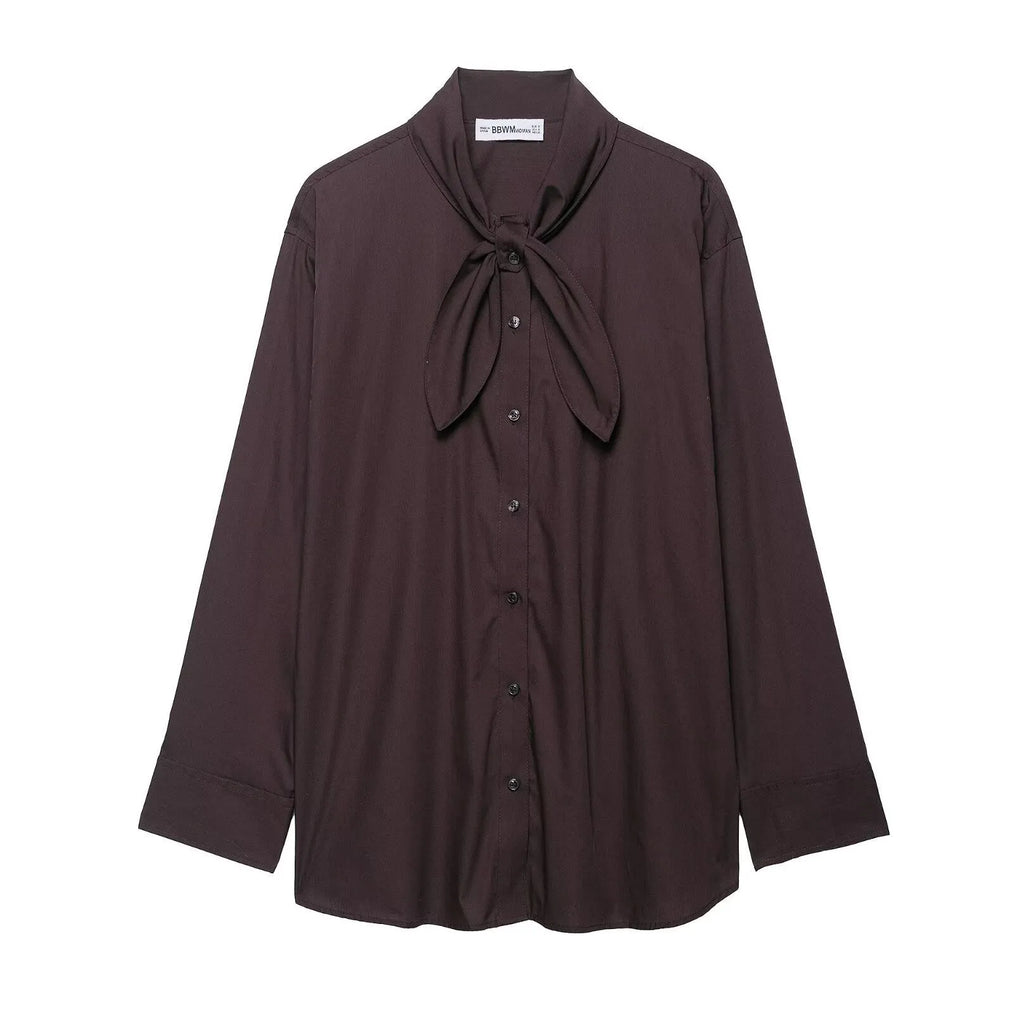 Brown women's poplin shirt with a loose fit, long sleeves, and a self-tie bow scarf collar.