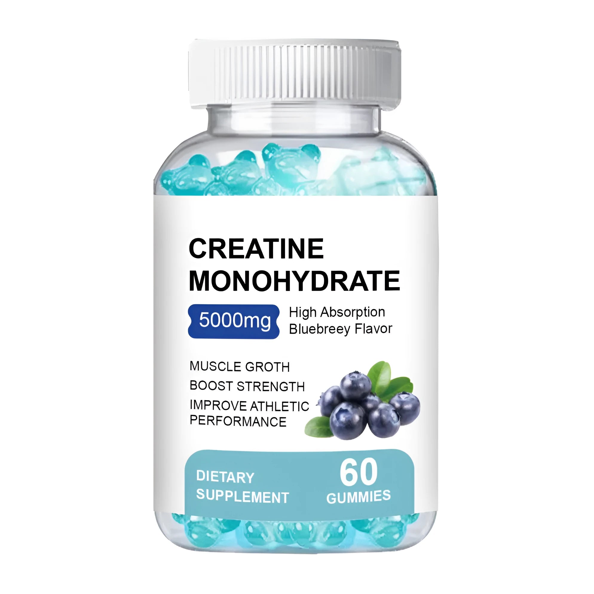 Container of 60 creatine monohydrate gummies, chewable soft candy dietary supplement