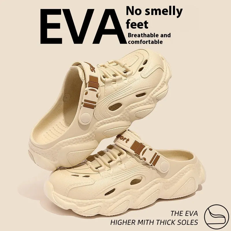 Men's khaki outdoor slippers with hollow-out design and textured EVA sole, shown on a patio.