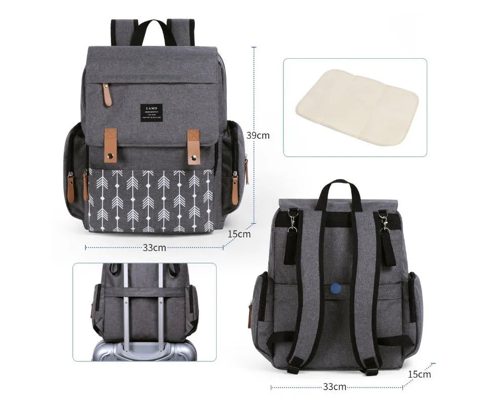 Land Mommy MPB86 grey diaper backpack with changing mat, showing main compartment and straps.