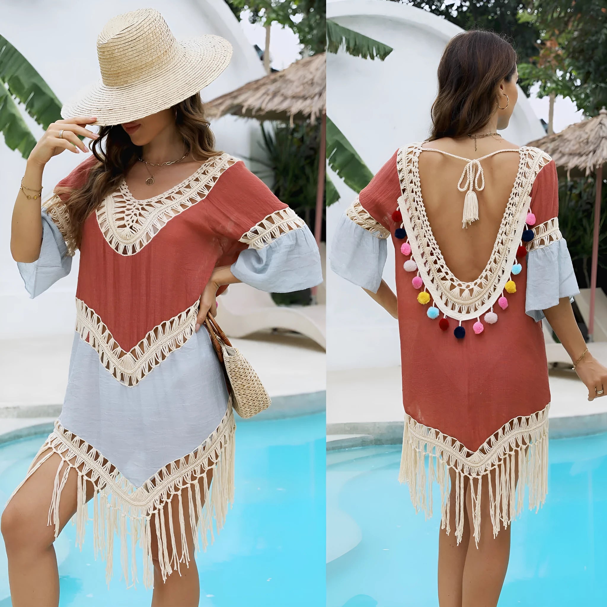 Orange floral beach overskirt with hand crochet tassels, shown as a free-size cover-up.