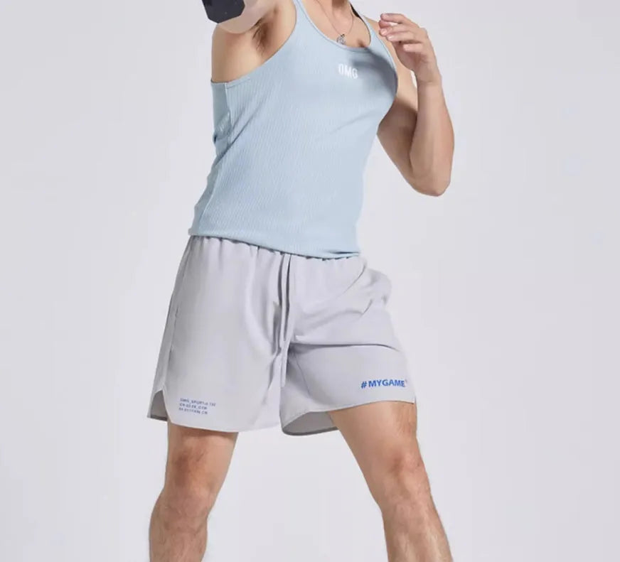 Men's fitness training shorts in black, blue, grey, or white with moisture-wicking fabric.