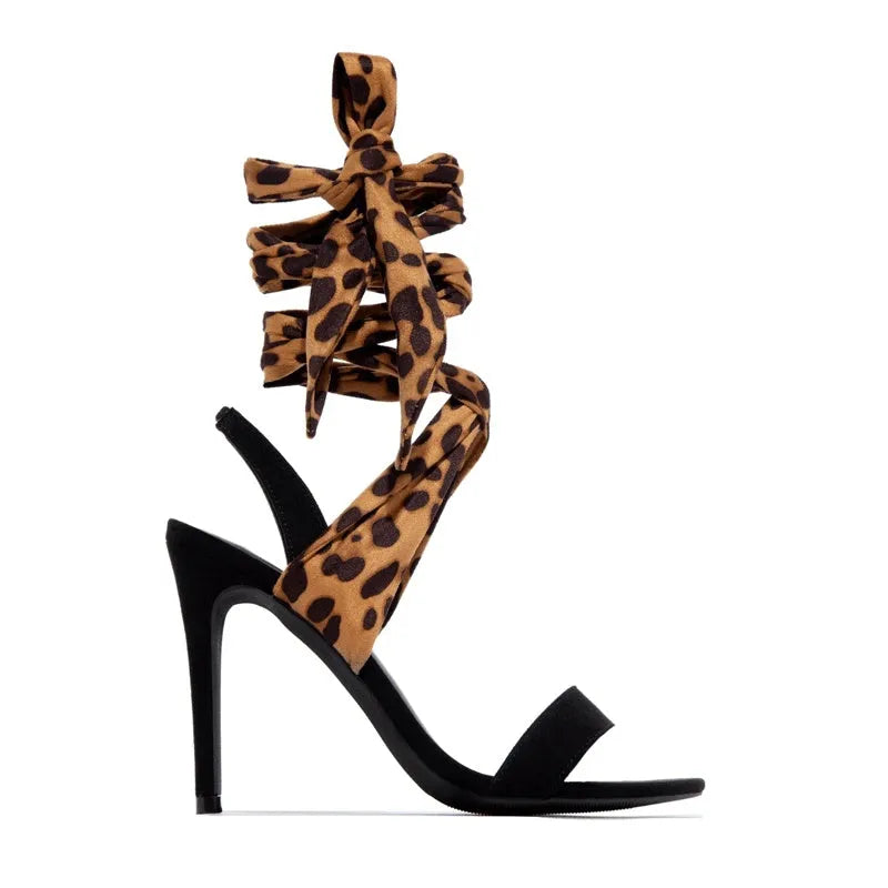 Light brown leopard print women's high heels with cross straps and fine Roman heels