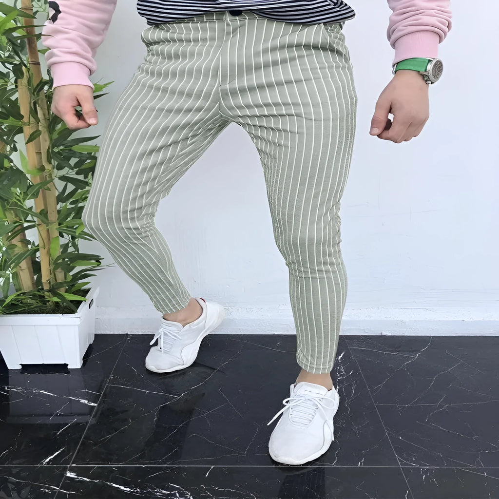 Men's slim-fit casual trousers with 3D printed plaid pattern in a straight leg style.