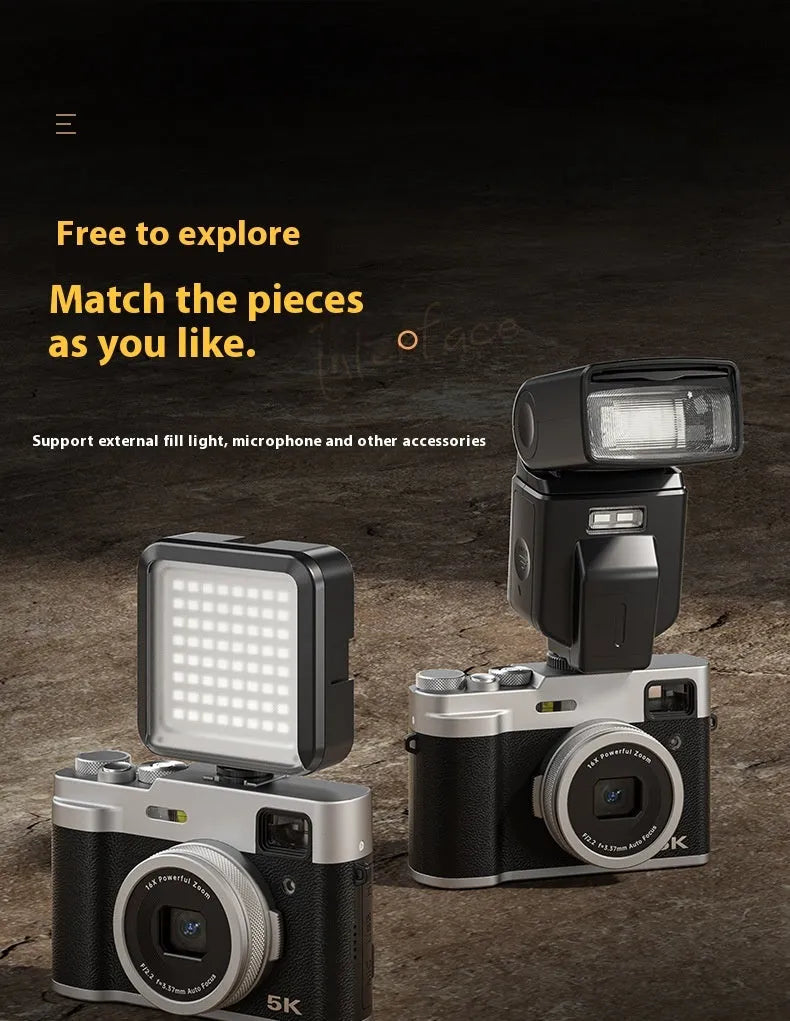 Black and brown 5K digital camera with dual lenses, optical viewfinder, and 2.88-inch LCD display
