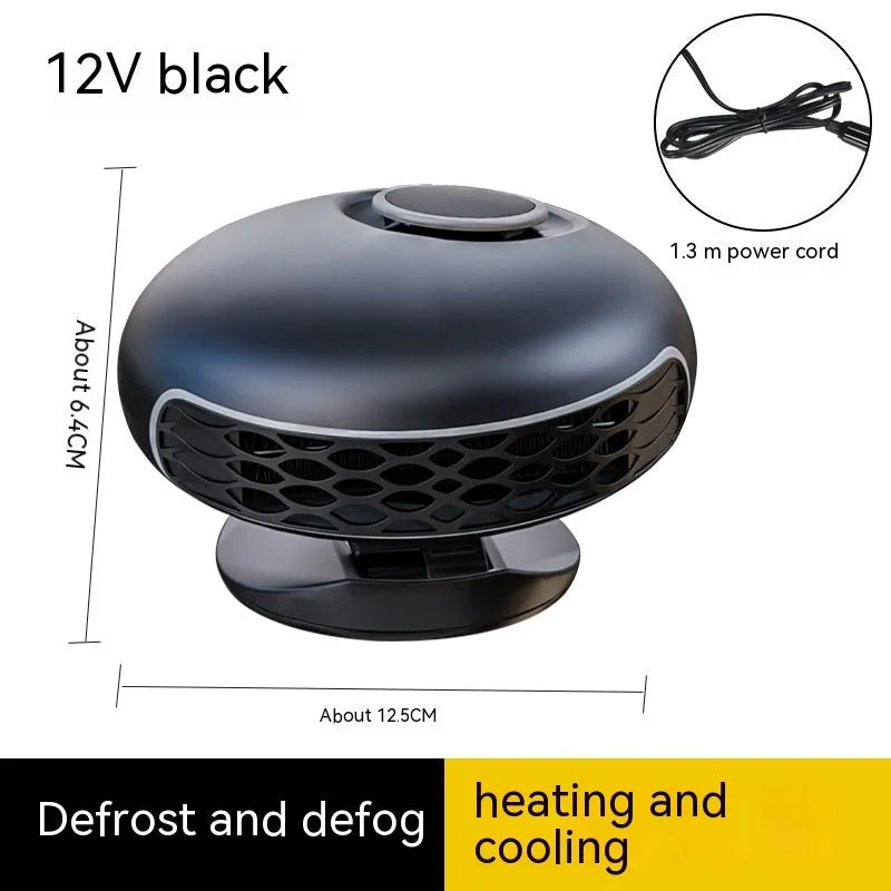 Black ABS car warm air blower heater for defrosting with long power cable, 12V or 24V model.